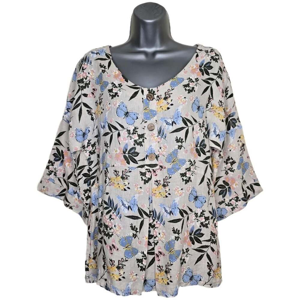 Laura Bianchi 100% Linen Butterfly Floral Boho Kimono Sleeve Top